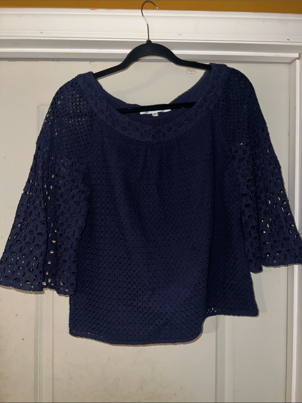 Trina Turk Navy Eyelet Crochet Bell-Sleeve Top